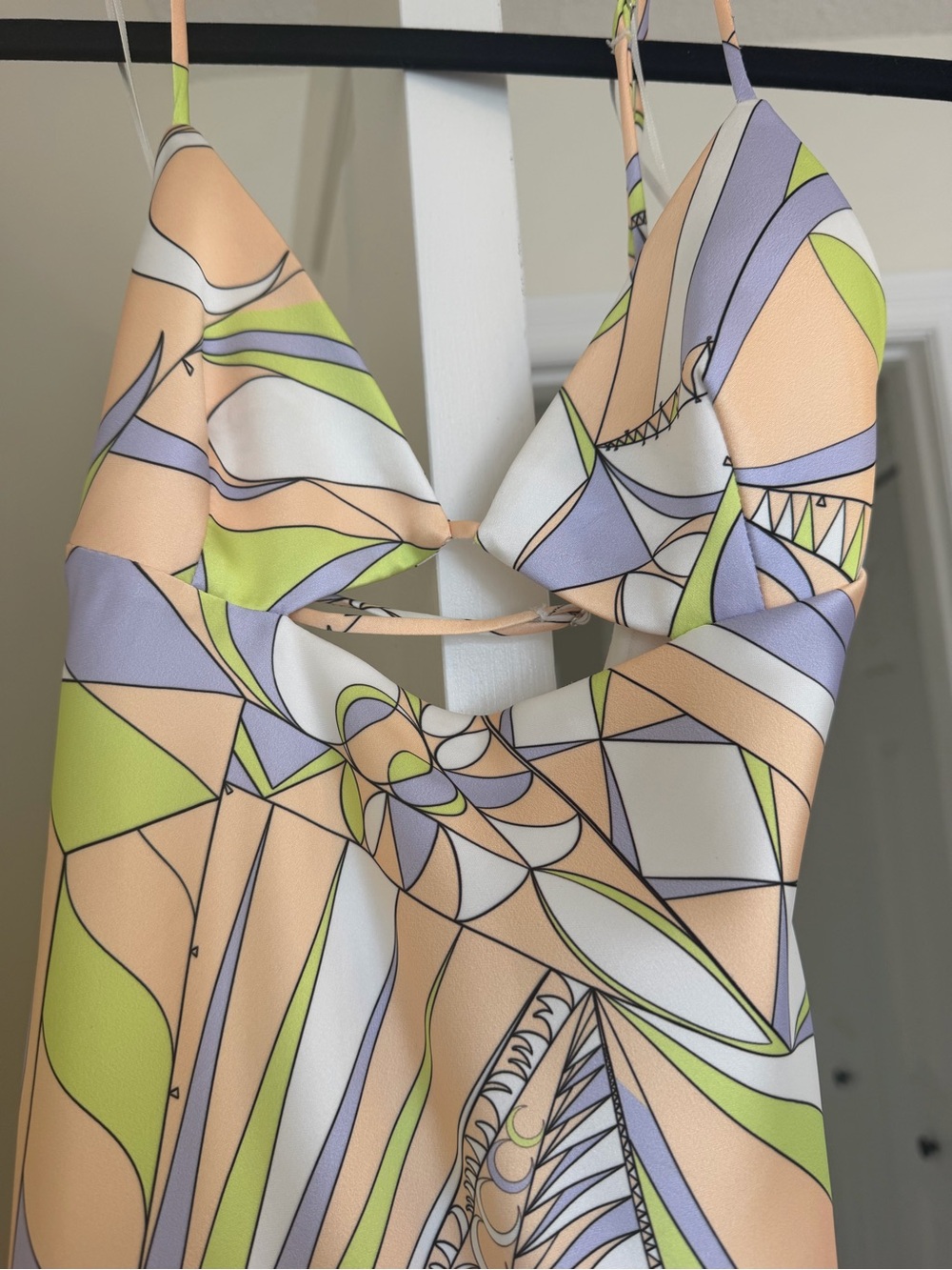 Zara Abstract Print Spaghetti-Strap Mini Dress in Peach, Light Green & Lavender - Picture 2 of 4